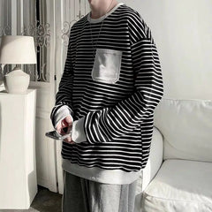 Threebooy Men Trendy Striped Patchwork Streetwear Y2K Oversize Basic T-shirt Japanese Style Round Neck Long Sleeve Cotton Tops Ropa Hombre