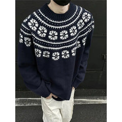 Threebooy Vintage Navy Blue Sweater Jacquard O-Neck Knit Pullover New Autumn Winter Loose Couple Knitted Sweater Tops Aesthetic Streetwear