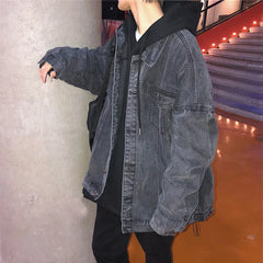 Threebooy Light Blue Black 2025 Fashion Casual Hip Hop Loose Denim Single-breasted Lapel Multi-pocket Youth Male Teenager Men's Hem Jacket