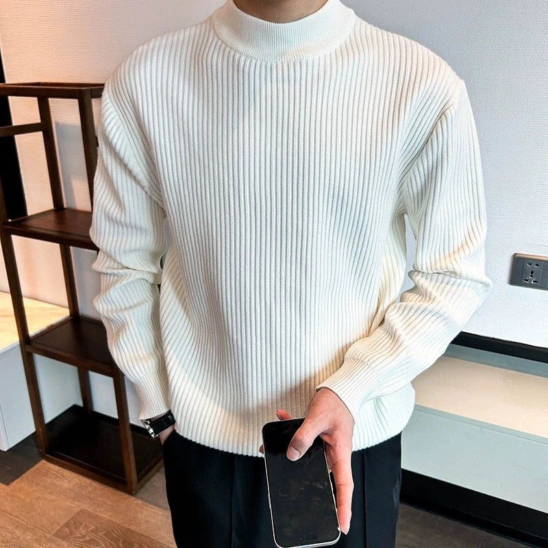 Threebooy  New Korean Retro Men Basic Sweaters Luxury Knit Solid Color Mock Neck Long Sleeve Pullover Casual Textured High Quality Knitwear