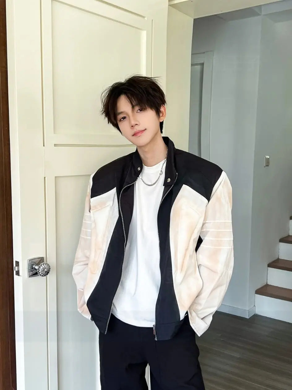 Threebooy American High Street Design Contrast Color Old Silhouette Shoulder Pad Jacket Men's Hipphop Trendy Handsome Motorcycle Jacket