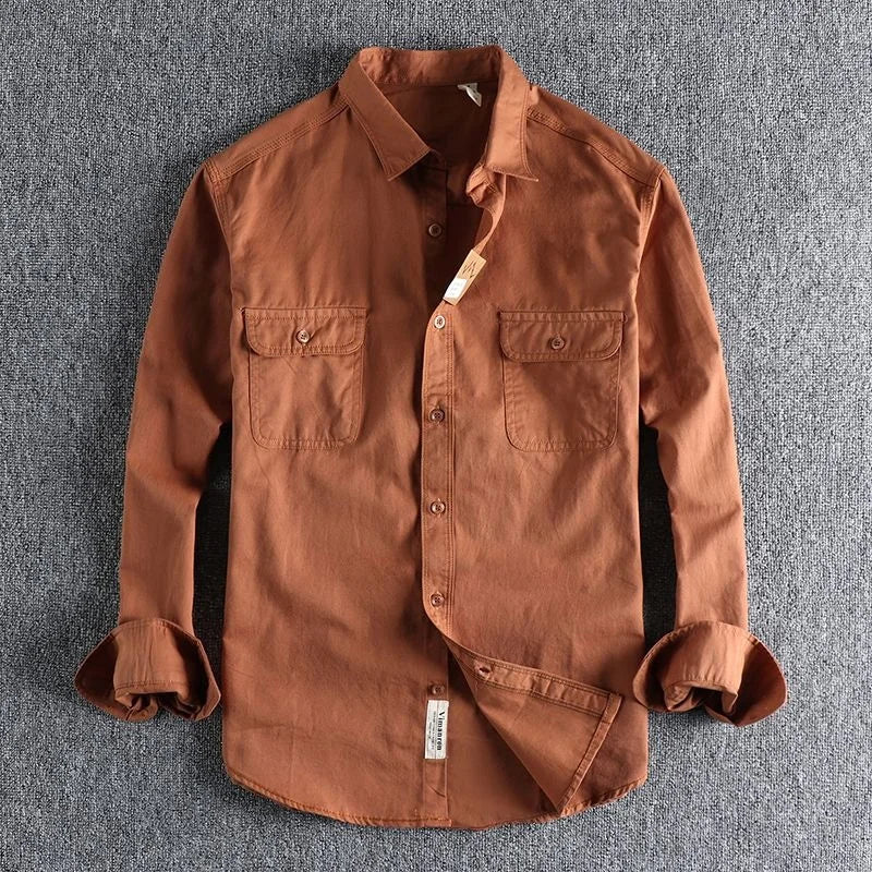 Threebooy  British Style Retro Long Sleeve Shirt Coat Men Spring  Autumn Twill Cotton Versatile Solid Color Male Cargo Work Shirts