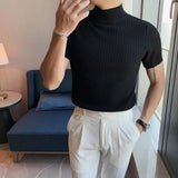 Threebooy Autumn New Short Sleeve Knitted Sweater Men Tops Clothing 2024 All Match Slim Fit Stretch Turtleneck Casual Pull Homme Pullovers