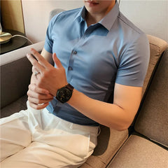 Threebooy  Men High-grade Pure Cotton Short Sleeve Shirts/Male Slim Fit Silky Wash and Wear Casual Solid Color Shirt Tops Dress Shirts