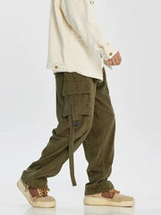 Threebooy Corduroy Cargo Pants Men Oversize Wide Leg Cargo Trousers Male Streetwear Hip Hop Harajuku Green Loose Japanese Vintage