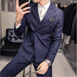 Threebooy Top Quality Double Breasted Striped Suits for Men Stripe Clothing Wedding Dress Business Formal Wear Casual Blazer Jackets+Pants