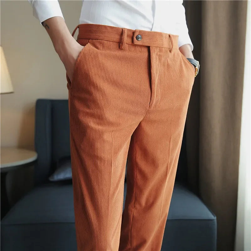 Threebooy  New Autumn and Winter Thick Striped Suit Pants Corduroy Casual Pants High-quality Slim Fit Business Office Formal Pants