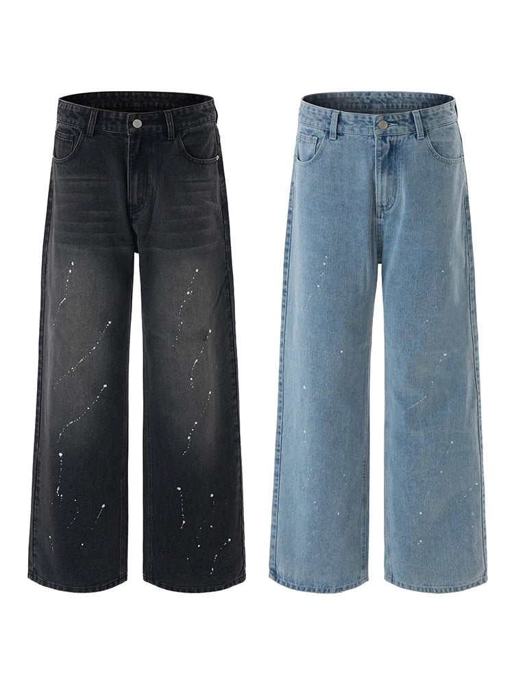 Threebooy Fashion Graffiti Black Loose Wide-leg Jeans Men's Autumn New American Simple Basic Wash Denim Pants Loose Straight Trousers