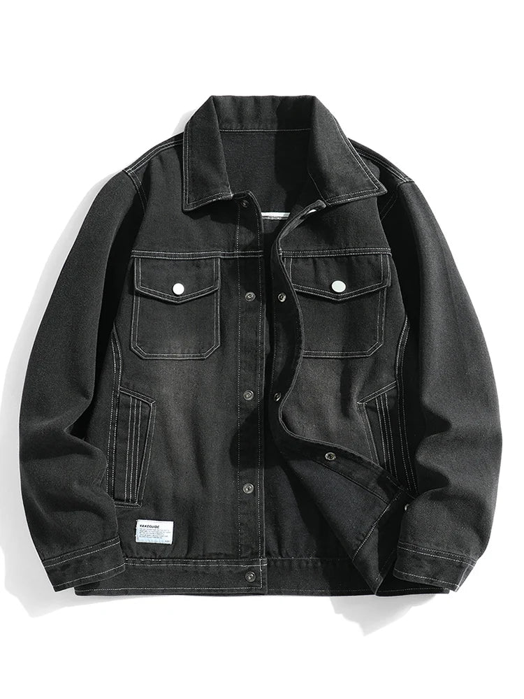 Threebooy Men's Denim Jackets with 6 Pockets Korean Fashion Black Blue Slim Fit Casual Jean Cargo Coat 2025 Autumn New for Dailywear