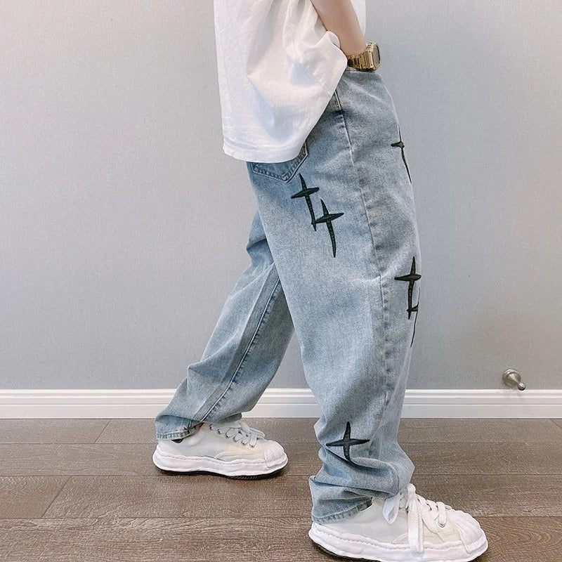 Threebooy  Prints Jeans Men New Streetwear Baggy Wide Leg Jeans Korean Fashion Drapes Straight Casual Loose Denim Cargo Pants