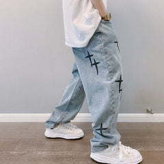 Threebooy  Prints Jeans Men New Streetwear Baggy Wide Leg Jeans Korean Fashion Drapes Straight Casual Loose Denim Cargo Pants