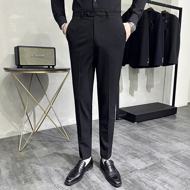 Threebooy Korean style Fashion Striped Suit Pants for Men Formal Business Dress Pants Korean Slim Fit Classic Casual Trousers 36 38