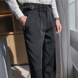 Threebooy Men Spring Stylecasual Nine Cent Trousers/Male Slim Fit High-grade Pure Cotton Stripe Suit Pants Black Gray