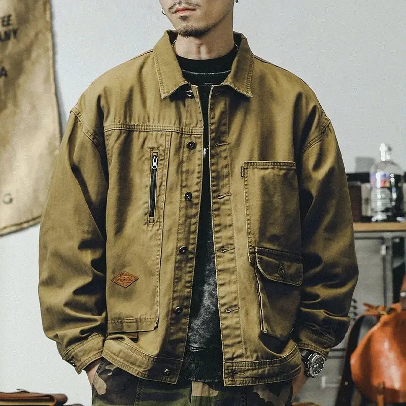 Threebooy American Workwear Retro Denim Jacket Korean Style Men Fashion Spring Autumn Loose Casual Amei Kaji Tough Guy Hunting Jacket Men
