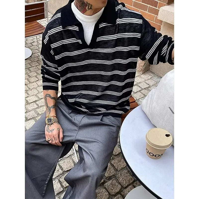 Threebooy  New Japanese Striped Male Polo Shirt Trendy Loose V Neck Knitted Long Sleeve T-shirt Casual Lazy Sports Fitness Basic Tops M-3XL