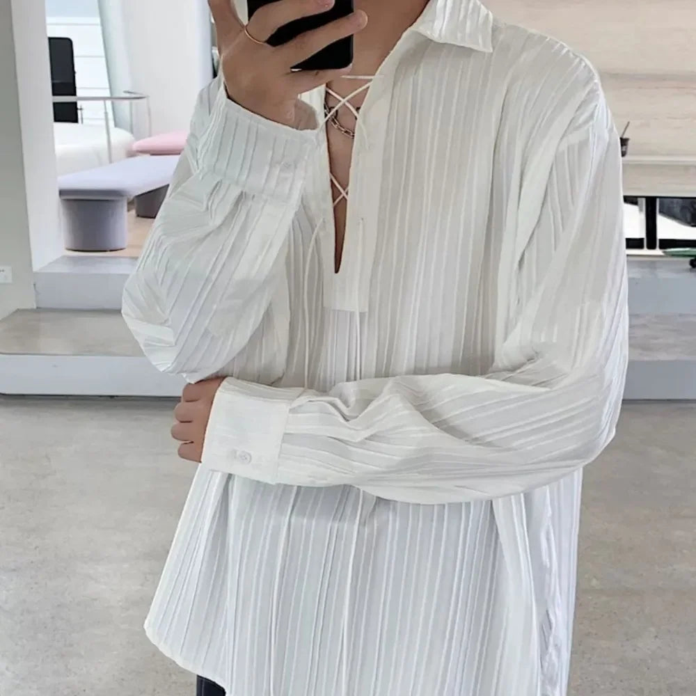 Threebooy Men Shirts Bandage Turn-down Delicate Commuting Long Sleeve Spring Temperament Tender All-match Simple Korean Style Tops Cozy