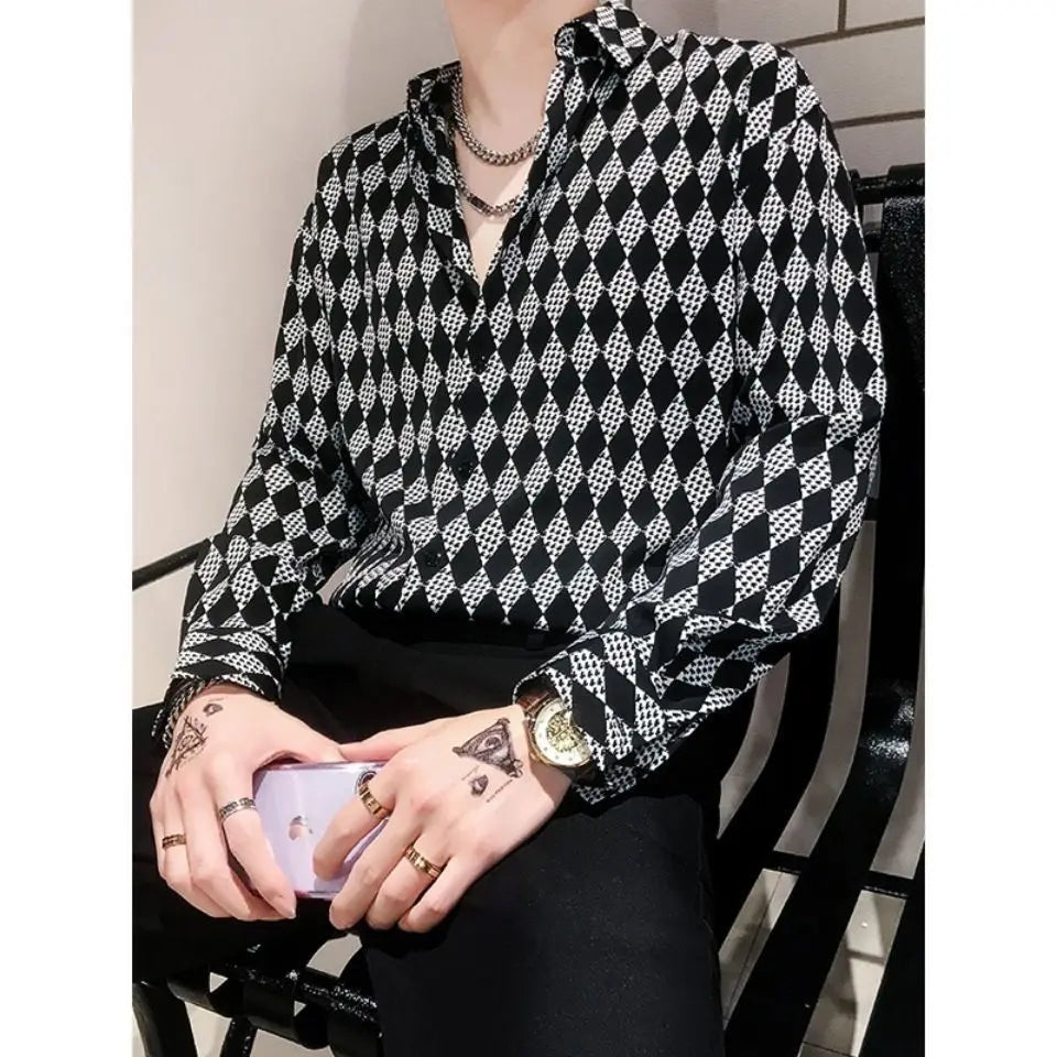 Threebooy  Spring Autumn Fashion Pure Cotton Turn-down Collar Long Sleeve Diamond Check Blouse Men's Clothing Trend Button Vintage Shirts