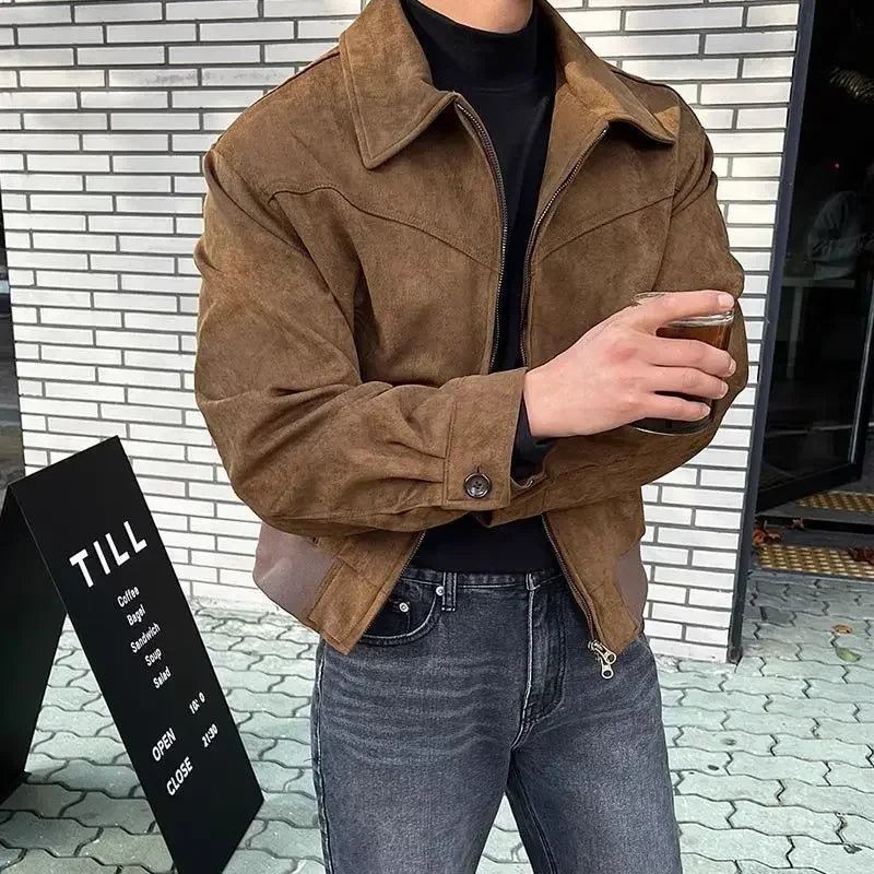 Threebooy Elegant Solid Brown Coat Men's Spring Autumn High-end Loose Lapel Plush Top Winter New Zipper Short Jacket Vintage Streetwear