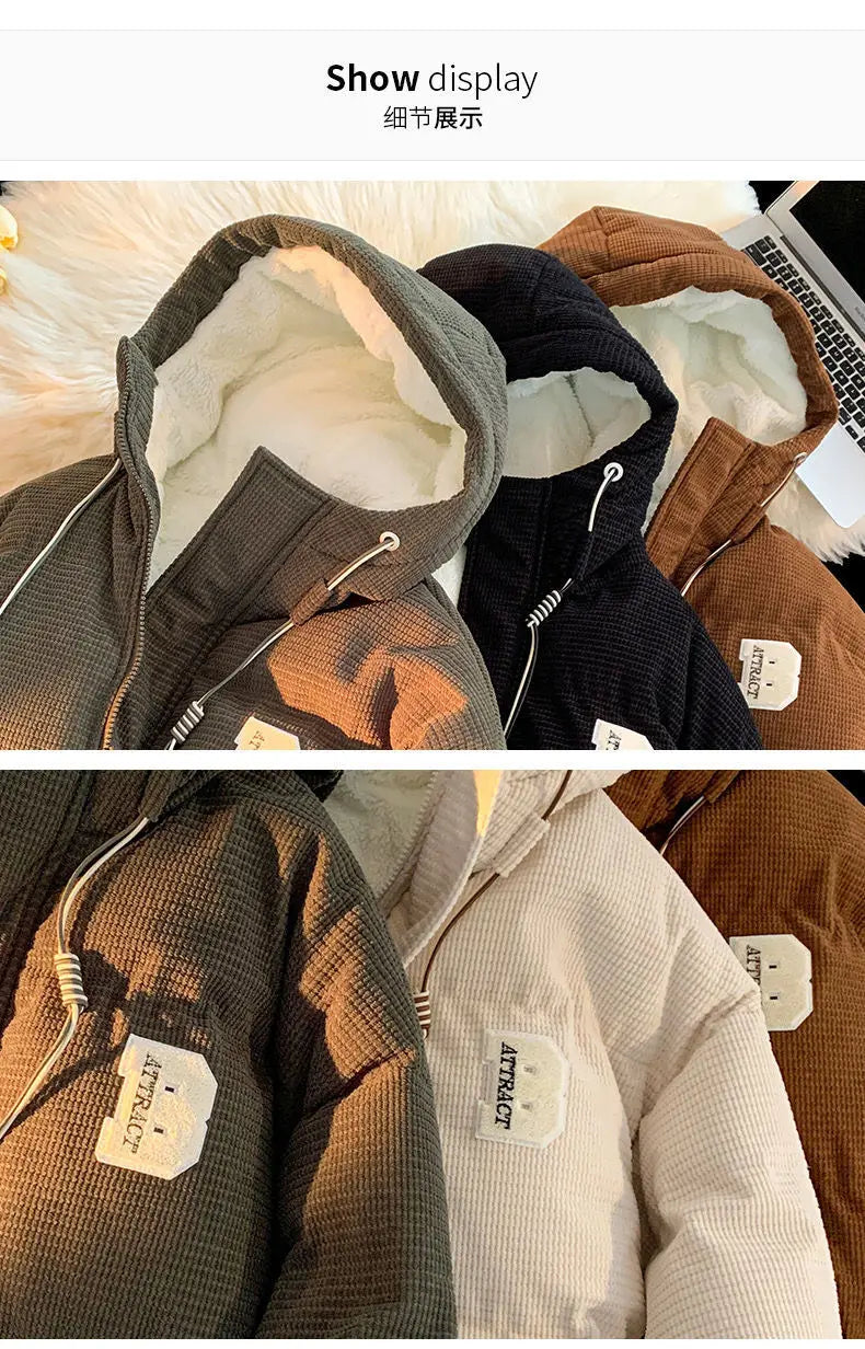 Threebooy autumn and winter street fashion corduroy thick jacket for men and women couple personalized loose retro casual Harajuku