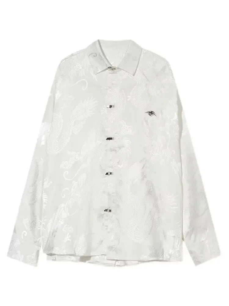 New Chinese Style Dragon Pattern Jacquard Silk Shirt For Men Casual Metal Buckle Dull Black Aesthetic Neutral Loose-fit Shirt