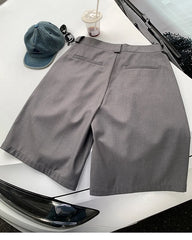 Threebooy Spring Summer Loose Casual Soft Grey Pleated Shorts for Men with High Waist Short Straight Pants Korean Clothes