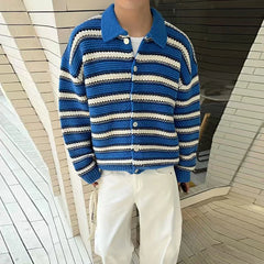 Threebooy  American Striped Cardigan Coat Light Luxury Knitted Lapel Long Sleeve Men Sweater Jackets Autumn Leisure Premium Knitwear M-3XL
