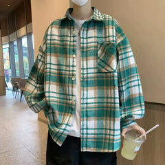 Threebooy Men 2024 Spring Summer Fashion Checkered Turn-down Collar Tops T-Shirt Men Clothing Casual Loose Long Sleeve Button Shirts