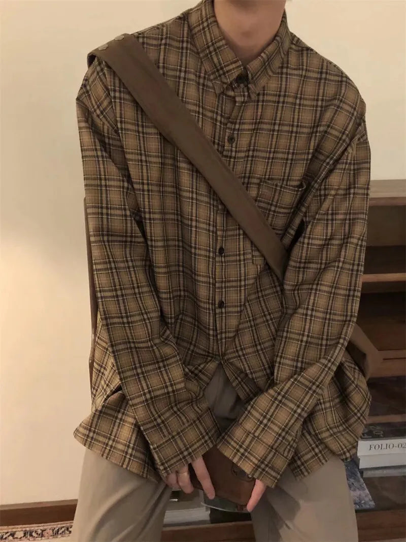 Threebooy Men's Fashion Coffee Checkered Long Sleeved Shirt Blouse Spring Autumn Elegant Loose Shirt Jacket