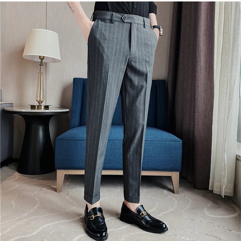 Threebooy  Autumn Winter Striped Suit Pants Men Clothing Korean Slim Fit Business Formal Wear Office Trousers Plus Size 29-36