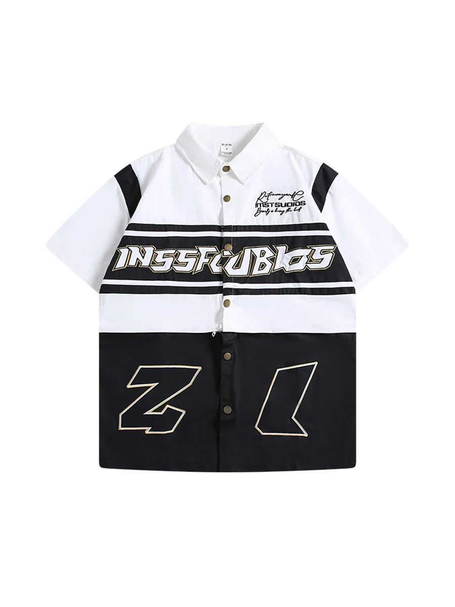 Threebooy American Retro Racing Suit Short-sleeved Shirt Men Korean Version 2025 New Fashionable High-end High-art Motorcycle Style Top