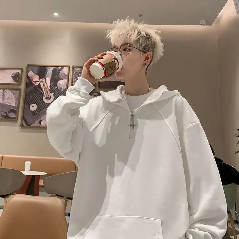 Threebooy  White Solid Oversize Male Hoodie Luxury Sweat Shirt Clothing Deals Streetwear Korean Style Pastel Color Men's Hooded Sweatshirt