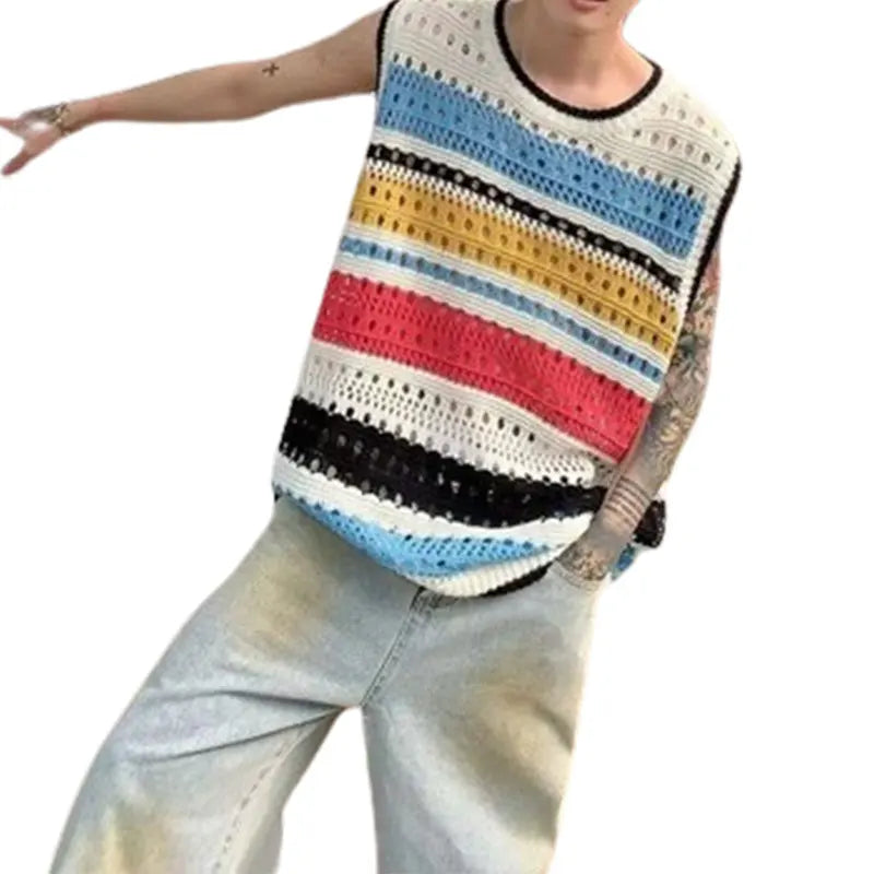 Threebooy  Elegant Fashion Harajuku Slim Fit Ropa Hombre Loose Casual All Match Knitwear Stripe Hollow Out Tshirts O Neck Sleeveless Vest