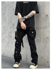 Threebooy Street Strap Speckled Ink Pocket Stereoscopic Cut Micro Horn Workwear Pants Hip Hop High Street Punk y2k streetwear Stacked Casual Pants