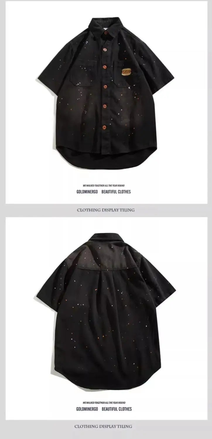 Threebooy American hip-hop men and women trendy splashed ink denim shirt for couples loose retro high-end wide casual top harajuku y2k