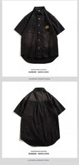 Threebooy American hip-hop men and women trendy splashed ink denim shirt for couples loose retro high-end wide casual top harajuku y2k