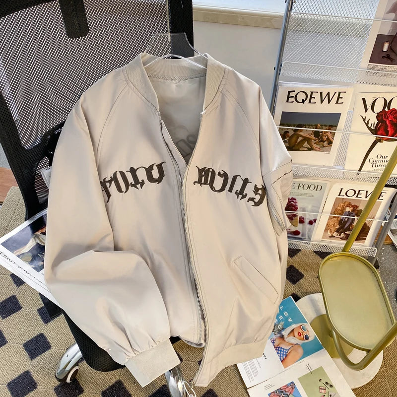 Threebooy American Casual Jacket Vintage Letter Embroidery Bomber Jacket Men's Spring Autumn High Street Vibe Casual Baseball Uniform Coat