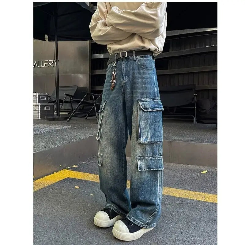 Threebooy Cargo jeans men New High Street Gothic Punk Dark Trousers  Harajuku Retro Baggy Jeans Men Street Fashion Straight Leg Pants