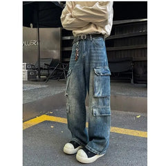 Threebooy Cargo jeans men New High Street Gothic Punk Dark Trousers  Harajuku Retro Baggy Jeans Men Street Fashion Straight Leg Pants