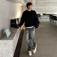 Threebooy Winter Korean Fashion Jacquard Men Sweater Luxury Trendy O Neck Knitted Solid Color Pullover Leisure Long Sleeve Basic Knitwear