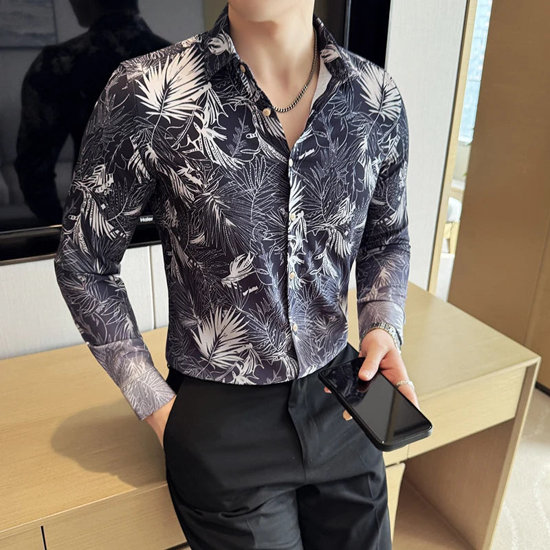 Threebooy  Spring Gradient Pleated Printed Shirt Fashion Casual No Ironing Shirt High Quality Business Social Shirts Streetwear M-4XL
