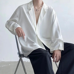 Threebooy Korean Men Solid Color Lapel Double-breasted Casual Shirt Fashion Long Sleeve Tops Streetwear Loose Leisure Camisa Masculina