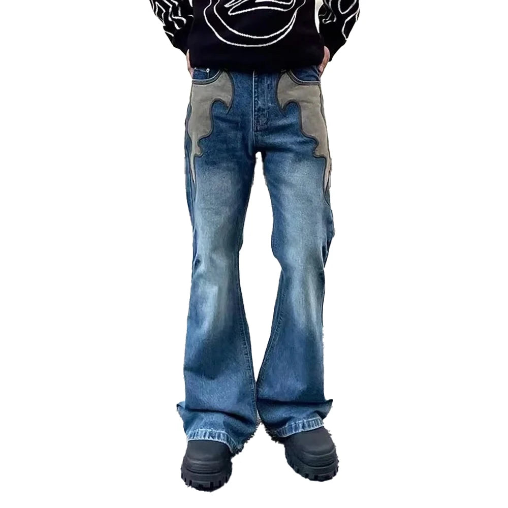 Threebooy  Mens Jeans Washed Flame Embroidered Micro Flared Pants Autumn Casual American Streetwear Cp Company Baggy Pants Men's Clothing