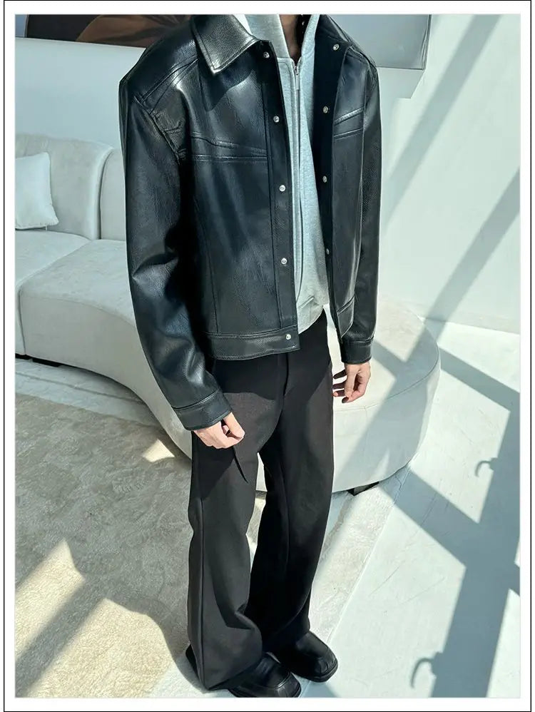 Threebooy American Street High-end Coat Trendy Leather Jacket Korean Elegant 2025 Spring Men's New PU Lapel Slim Loose Jacket Aesthetic