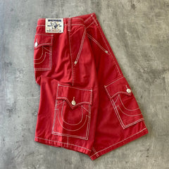 Threebooy Y2K New Line Embroidered Red Denim Mid Pants American Retro Gothic Jeans Men Street Hip Hop Harajuku Punk Loose Wide Legs Shorts