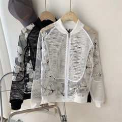 Threebooy Y2k Floral Hollow Perspective Mesh Shirt Fashionable Daily Breathable Personality Versatile Sports Couple Tops 2024 Summer