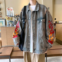 Threebooy Flame Embroidery Perforated Denim Coat Men's Spring and Autumn Street Fashion Brand Hip Hop Loose Couple Retro Jacket