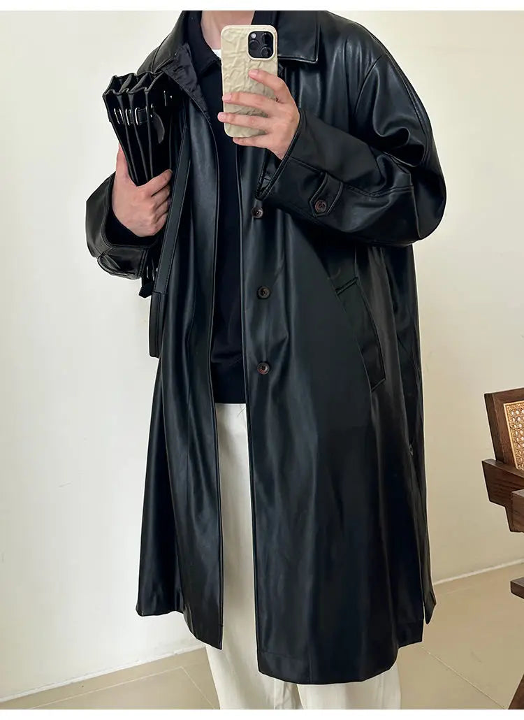 Threebooy 2025 Spring Pu Leather Jacket Men's Mid-length American Retro Long Jacket Lapel Button Coat Trendy Cityboy Windbreaker