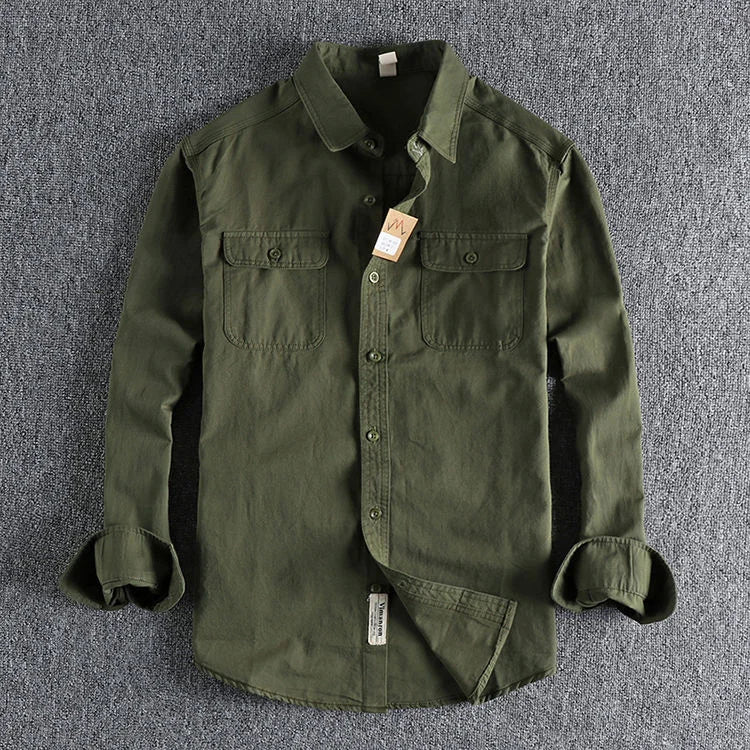 Threebooy  British Style Retro Long Sleeve Shirt Coat Men Spring  Autumn Twill Cotton Versatile Solid Color Male Cargo Work Shirts