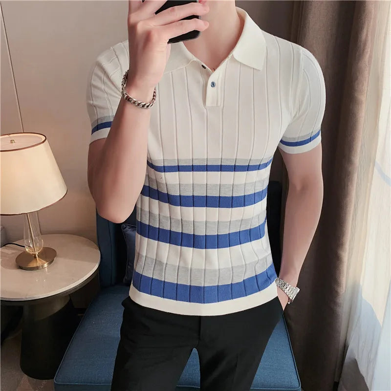 Threebooy  British Style Men's Fashion Lce Silk Stripe Knitting POLO Shirts/Male Slim Fit Short Sleeve Leisure POLO Shirts S-3XL