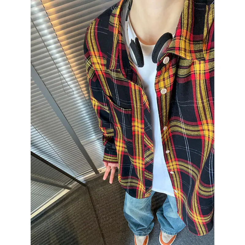 Threebooy Oversized Long Sleeved Shirt Men Retro Plaid Shirt Men Japanese Streetwear Loose Casual Shirt Mens Vintage Shirts Plus Size 5XL